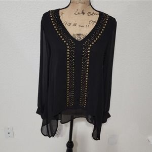 KAREN Kane black studded asymmetrical hem lantern sleeve shirt size small new!!!